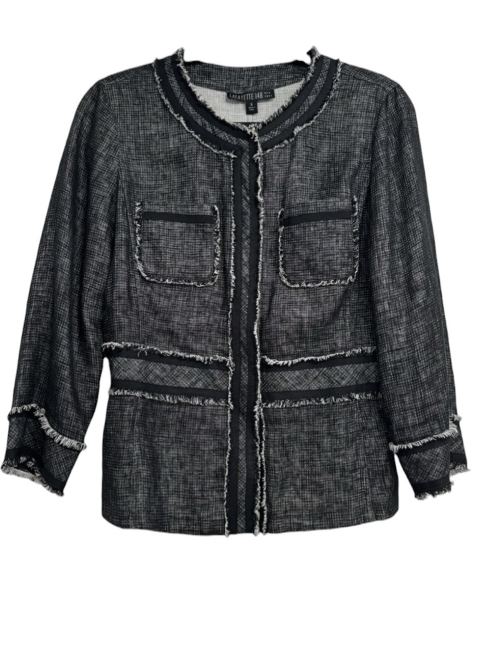 Lafayette 148 Jacket Black Collarless Fringe Linen 14 - Picture 4 of 10